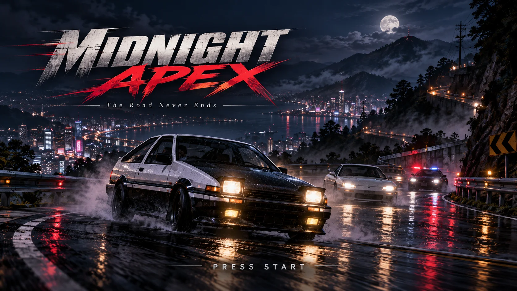 Midnight Apex key art: a white hatchback drifts down a rain-slick mountain road above a neon city while a rival and a police car chase