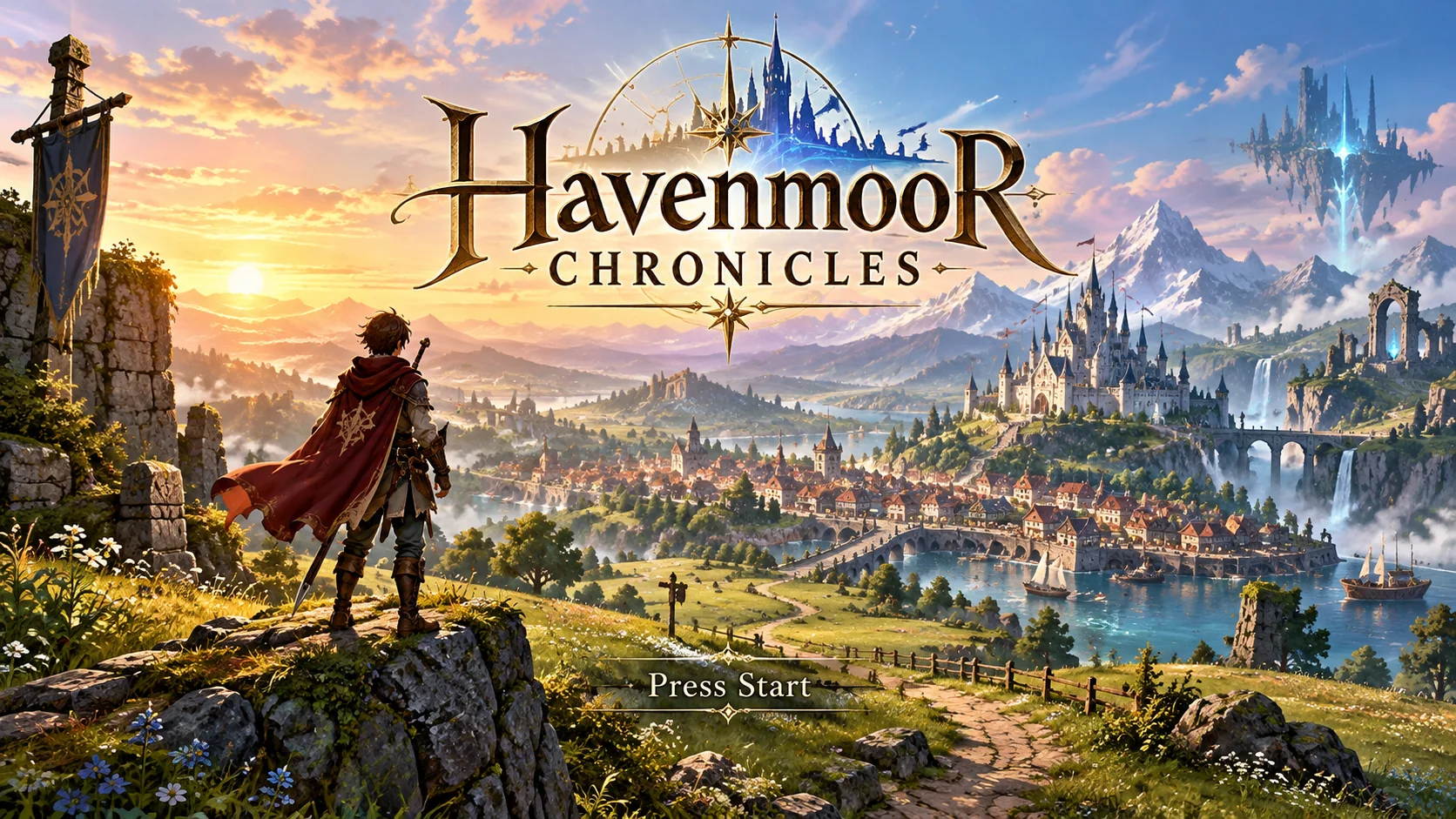 Havenmoor Chronicles key art: a cloaked hero looks over a sunrise valley with a castle and harbor town