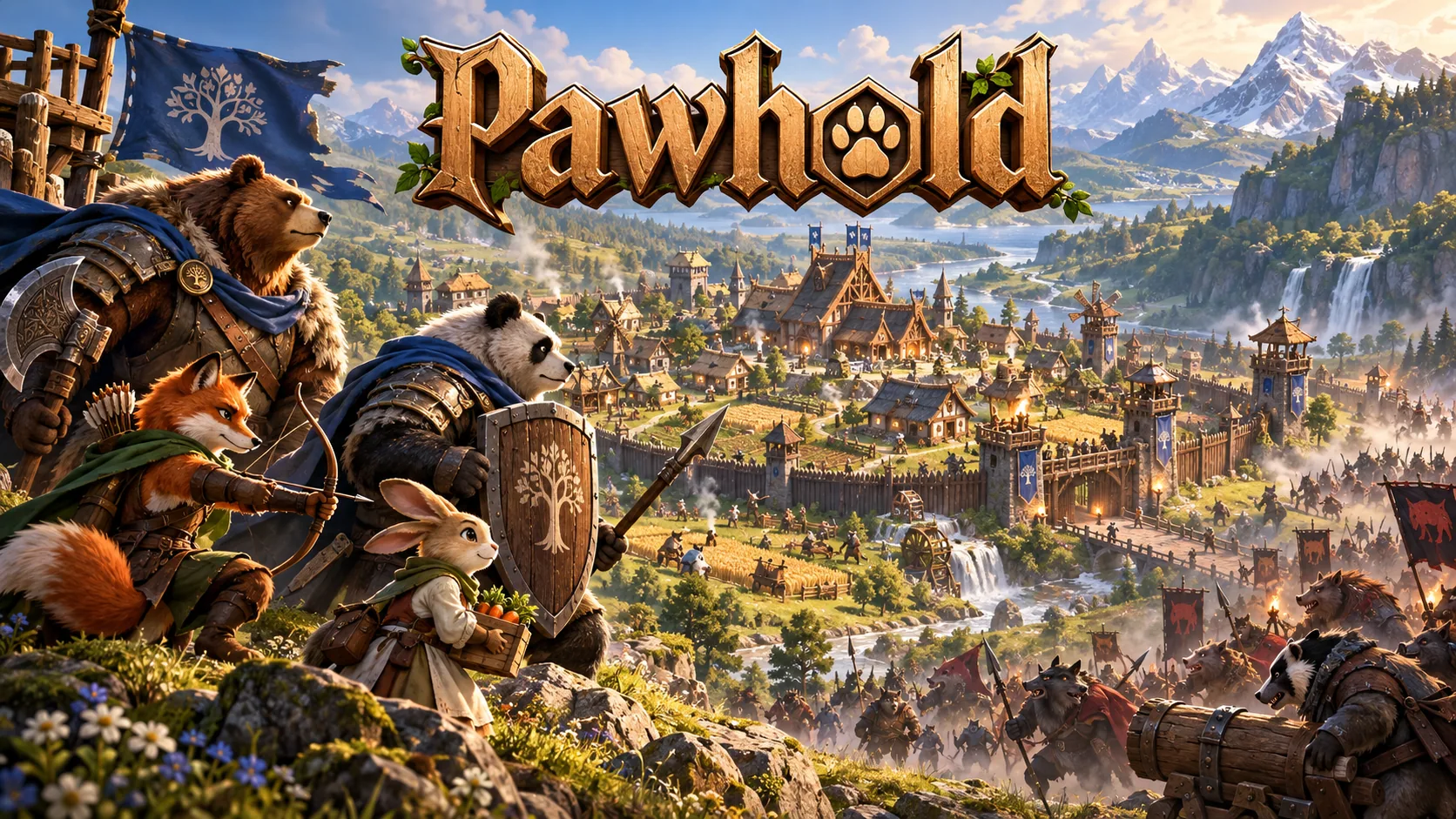 Pawhold key art: a bear, panda, fox and rabbit clan defend a walled valley town from a raiding army
